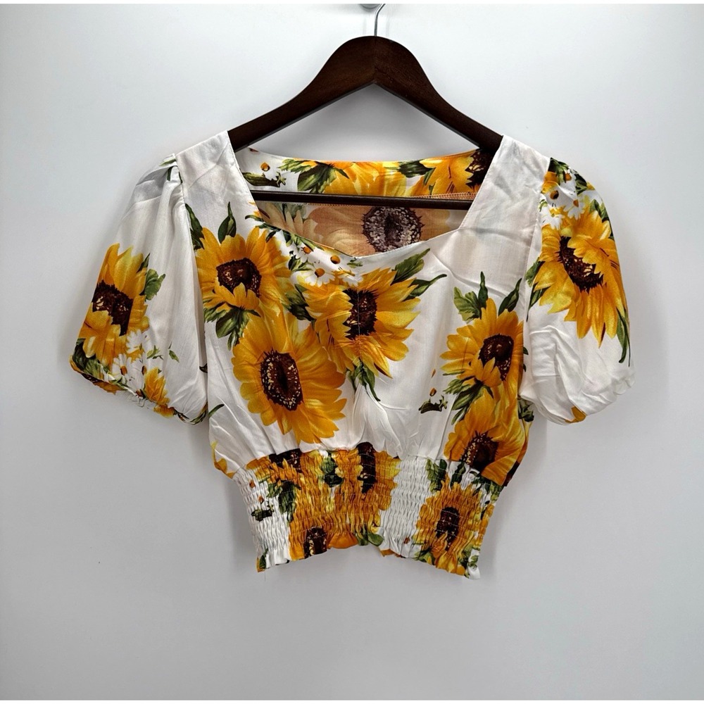 Hibluco Kids XL Sunflower Print Smocked Crop Top Short Puff Sleeve Boho White